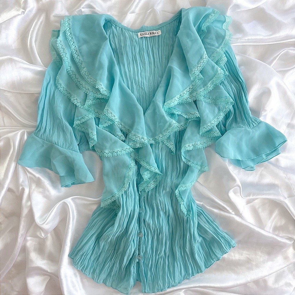 Kaelyn Max Turquoise Blue Ruffle Lace Trim Crinkle Blouse Womens Medium